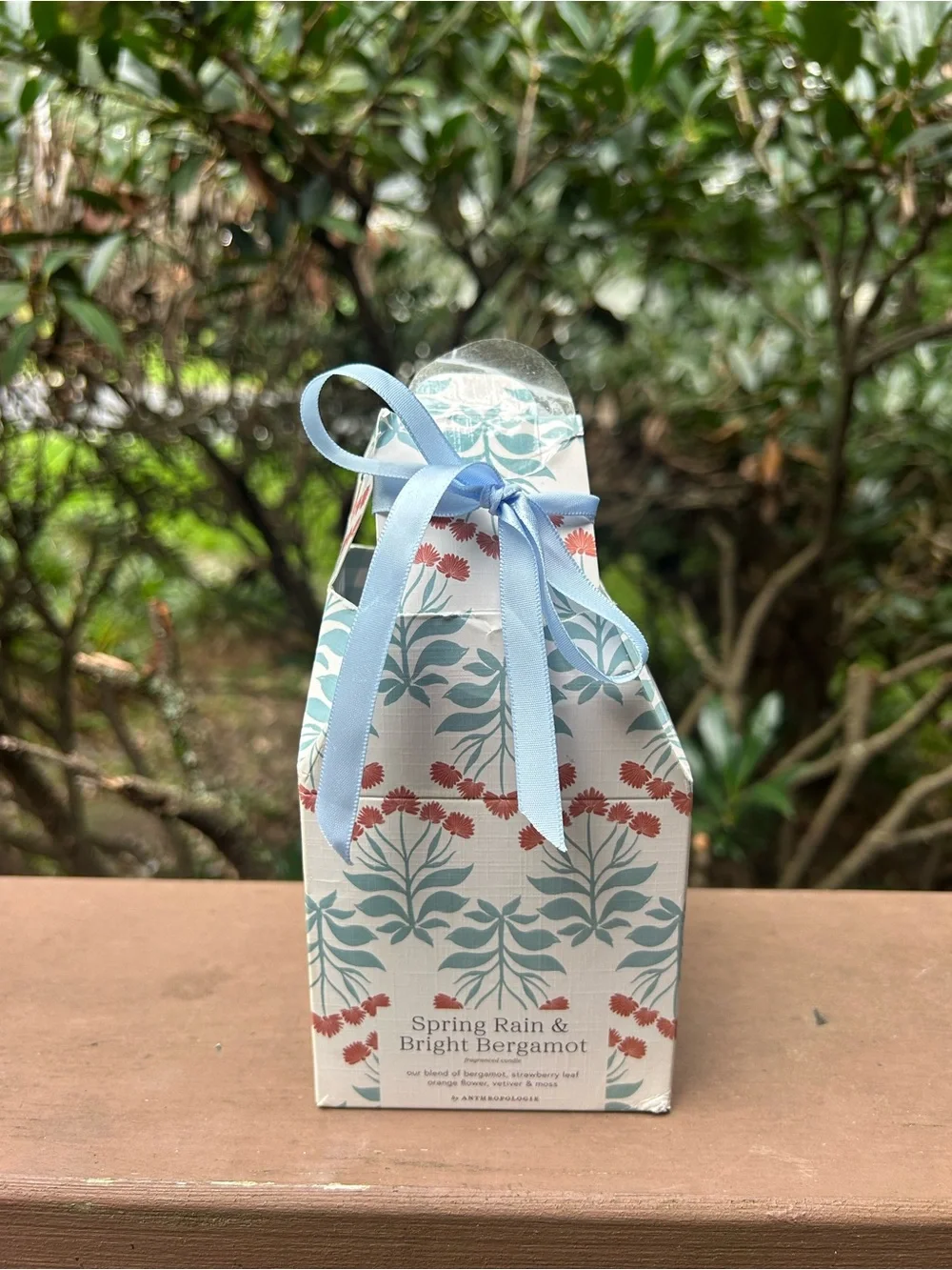 Anthropologie White Ceramic Candle with Blue Stripes and Red Floral Accents
